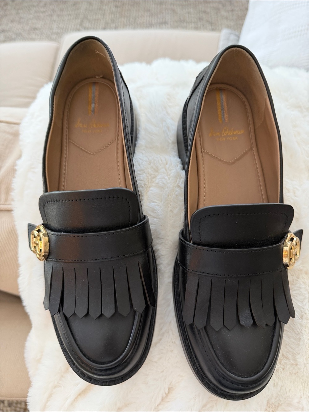 Sam Edelman Black Leather Fringe Loafers with Gold Logo Accent